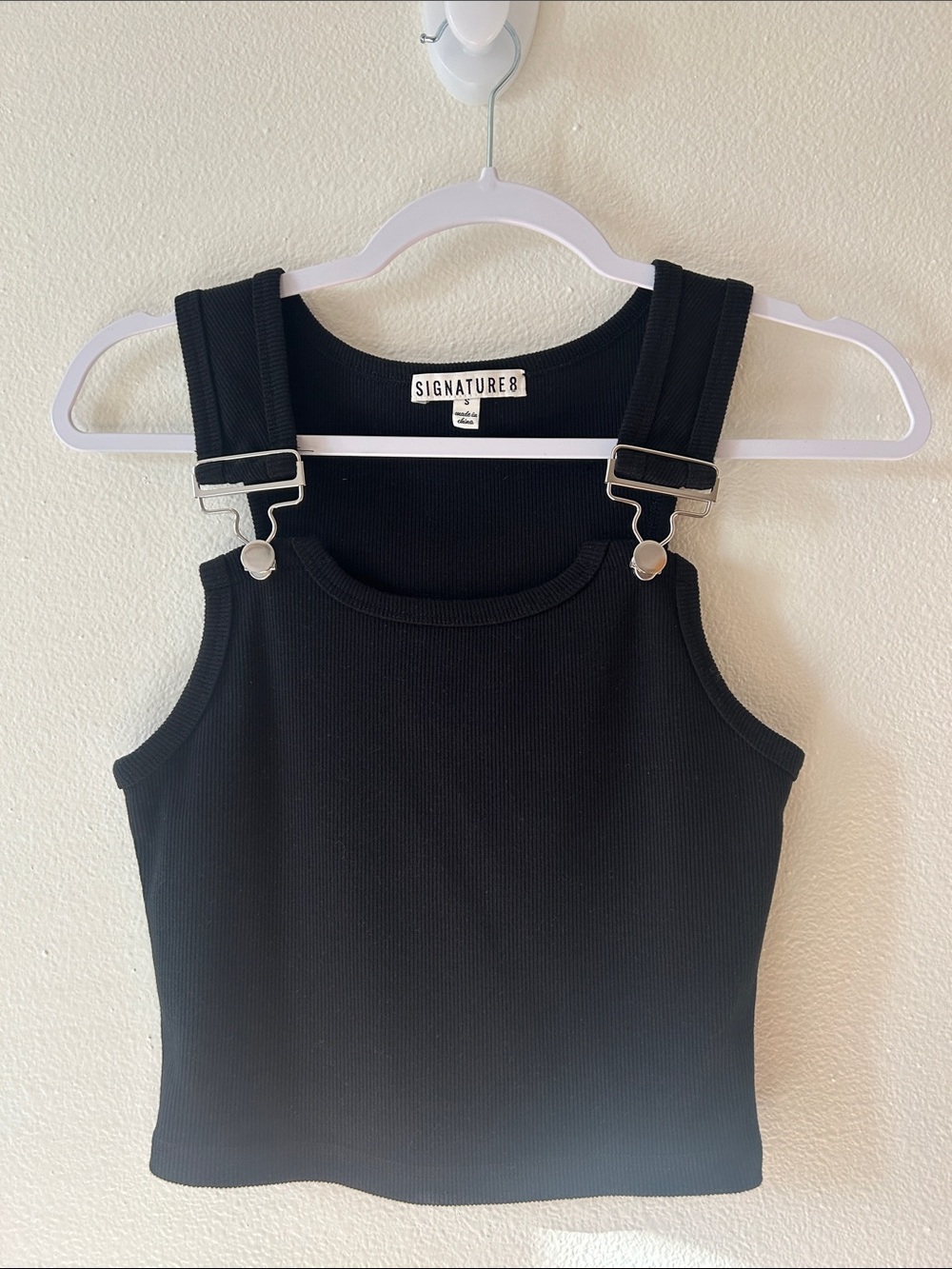 Signature8 Black Ribbed Crop Tank with Adjustable Silver Strap Hardware